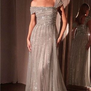 Elegant Silver Off-Shoulder Evening Gown